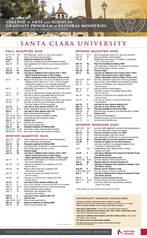 santa clara university calendar